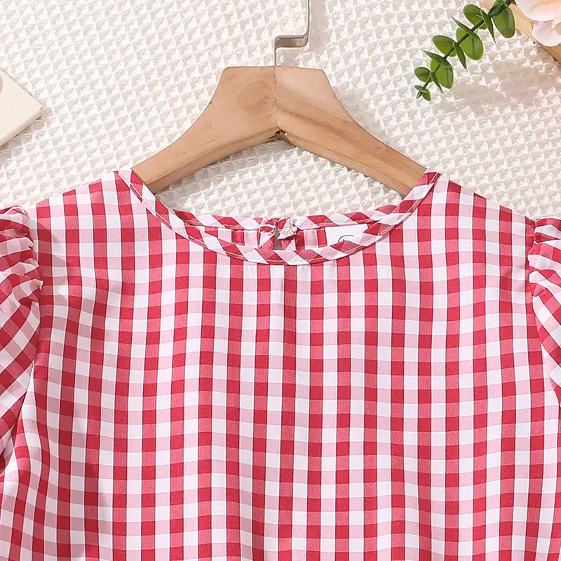Children Plaid Puff-sleeve A-line Knee-Length Sweet Style Cute Knorean Dress Kids Costume Summer Clothing