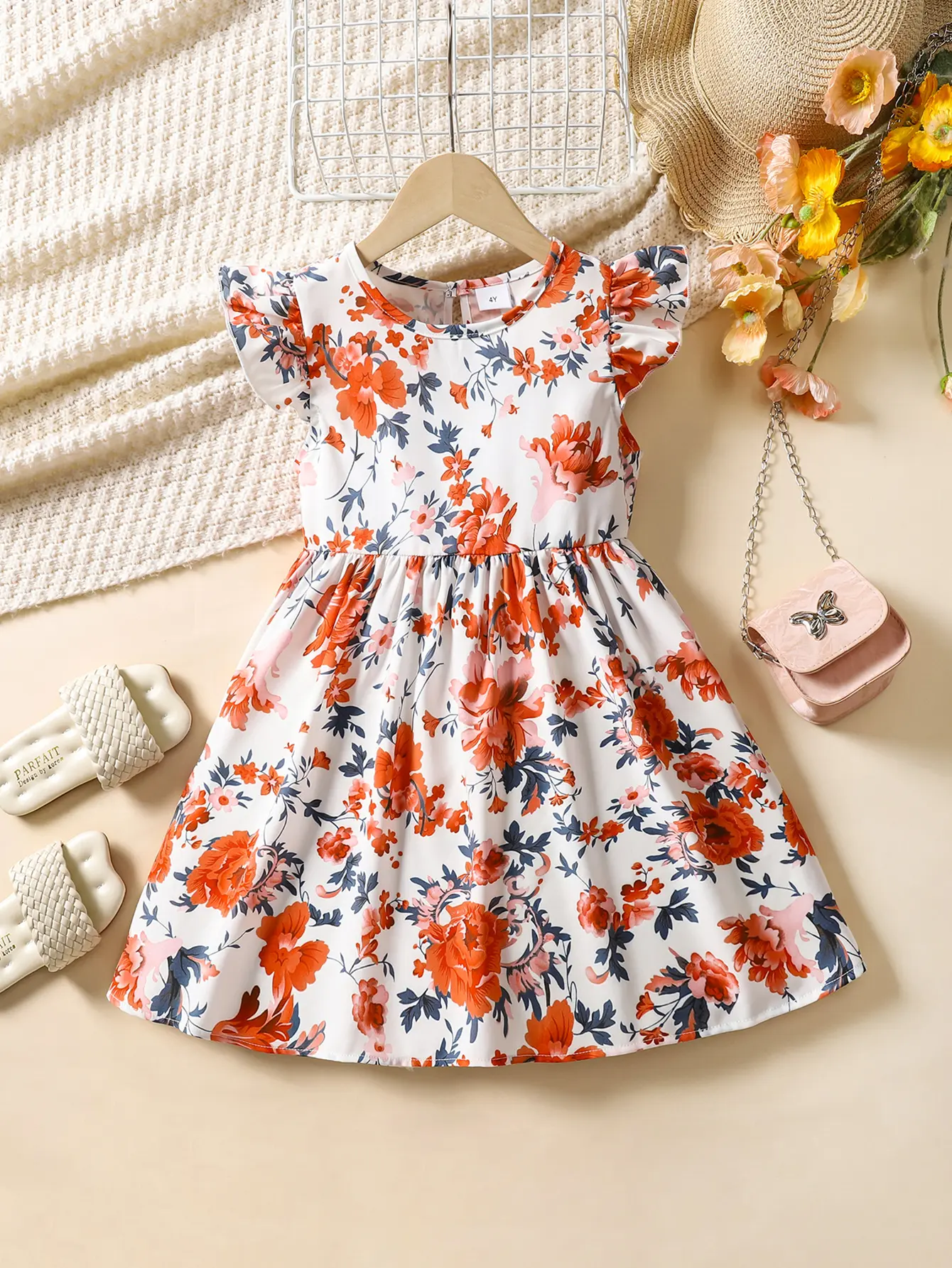 A soft and comfortable summer dress with printed lotus leaf sleeves and a fashionable round neck for girls