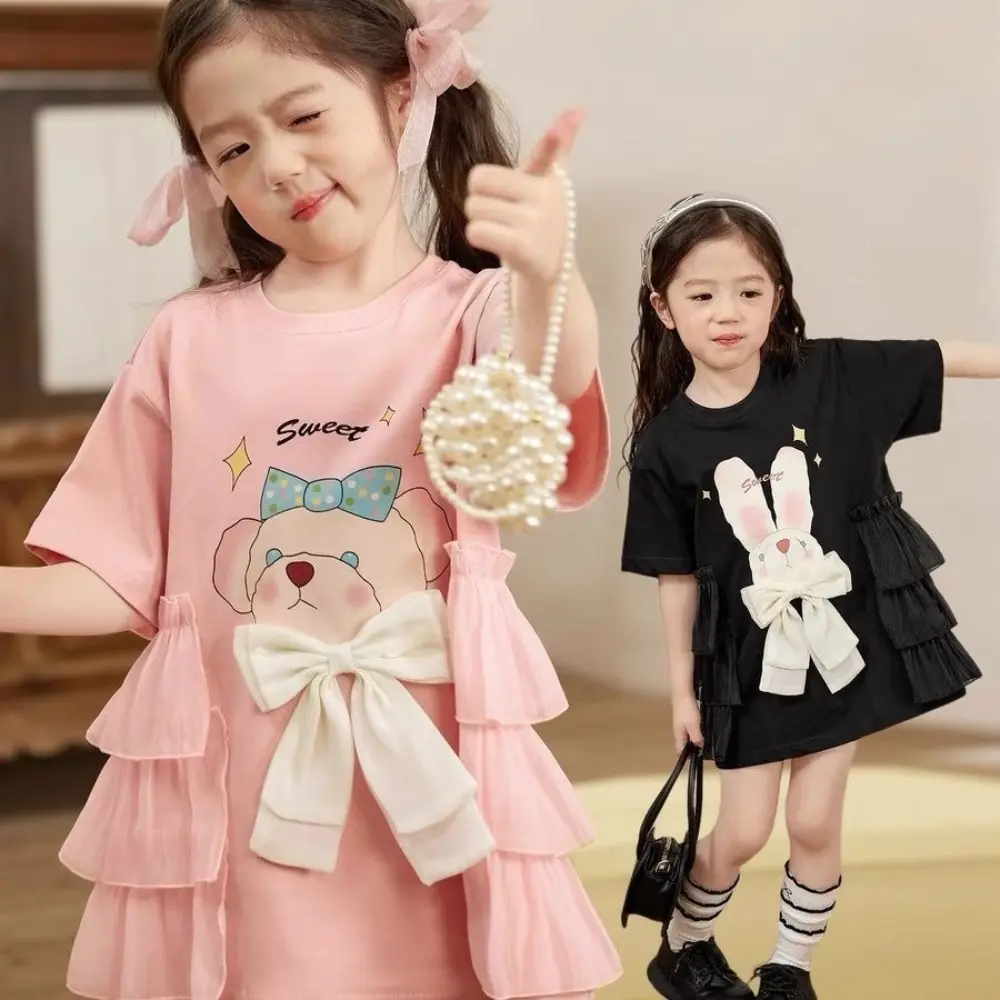 Sweet and Lovely Baby Girl Casual Dresses Summer Short Sleeved Bow Cartoon Printed Kids Clothes Birthday Party Princess Dress