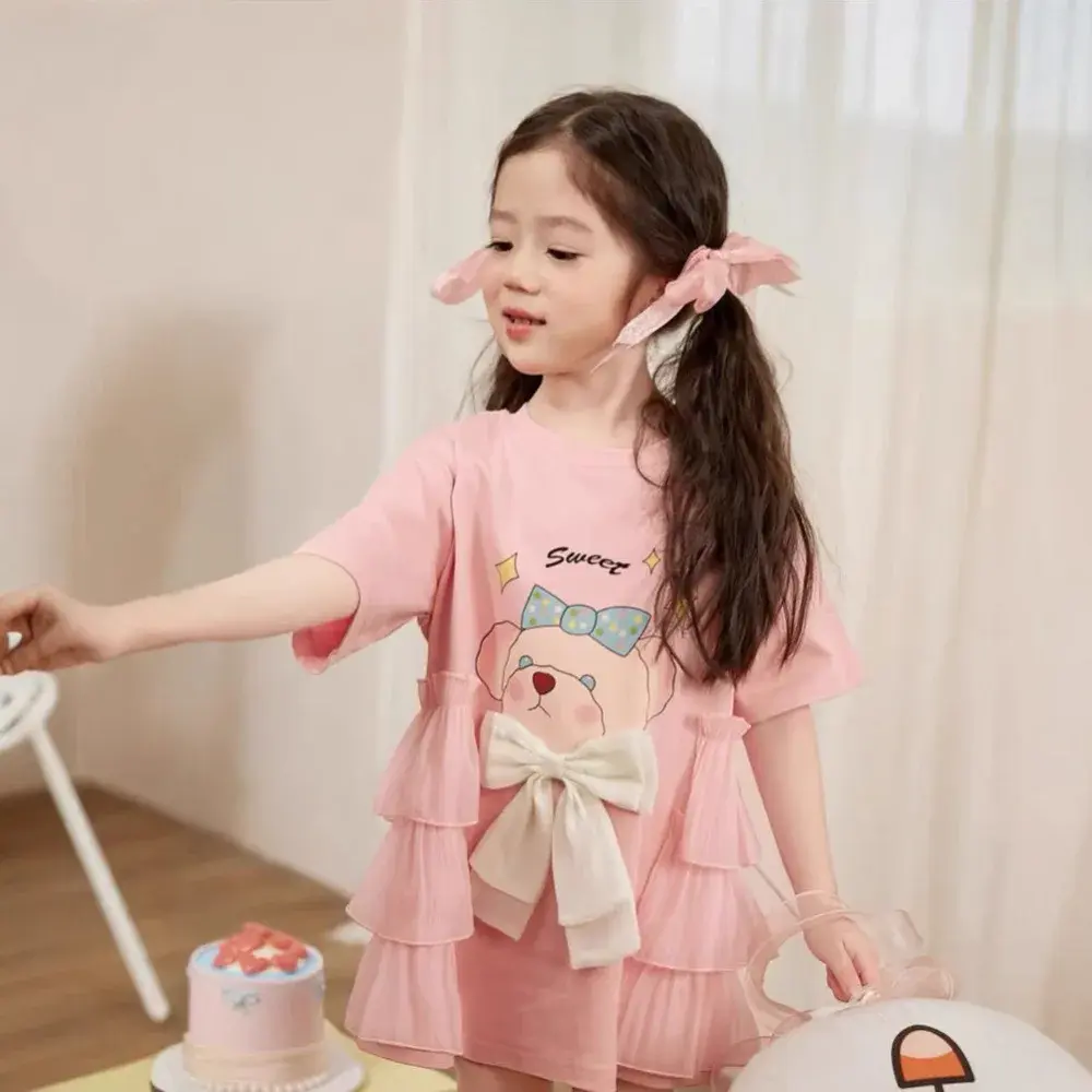 Sweet and Lovely Baby Girl Casual Dresses Summer Short Sleeved Bow Cartoon Printed Kids Clothes Birthday Party Princess Dress