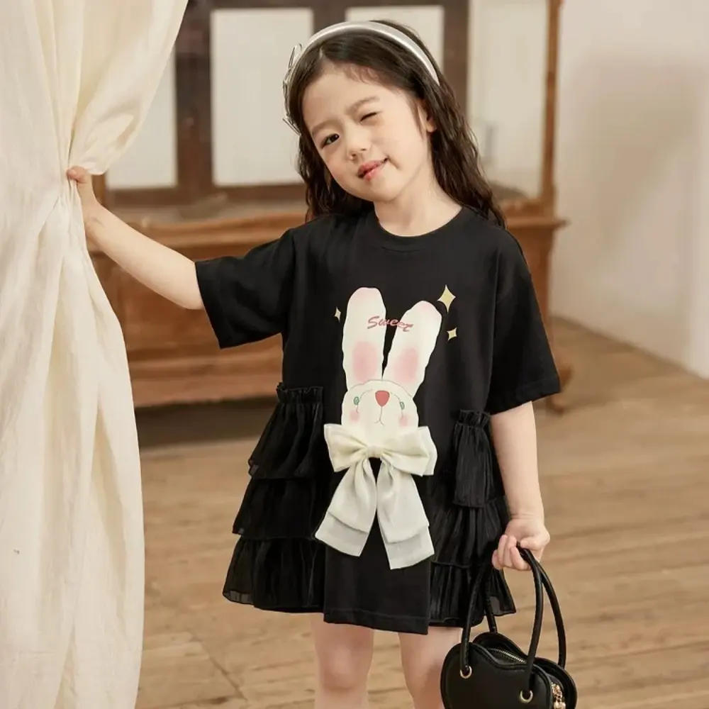Sweet and Lovely Baby Girl Casual Dresses Summer Short Sleeved Bow Cartoon Printed Kids Clothes Birthday Party Princess Dress