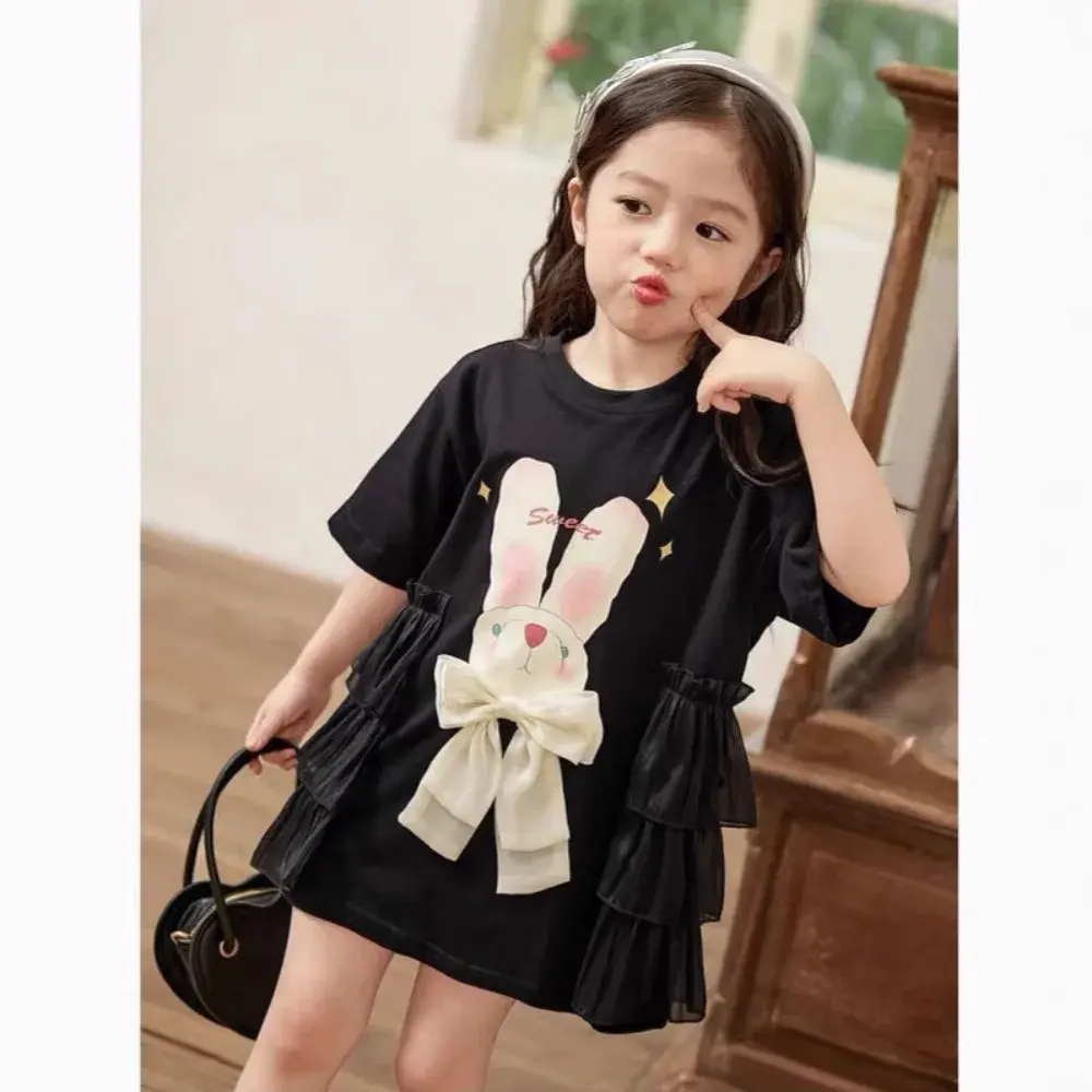 Sweet and Lovely Baby Girl Casual Dresses Summer Short Sleeved Bow Cartoon Printed Kids Clothes Birthday Party Princess Dress
