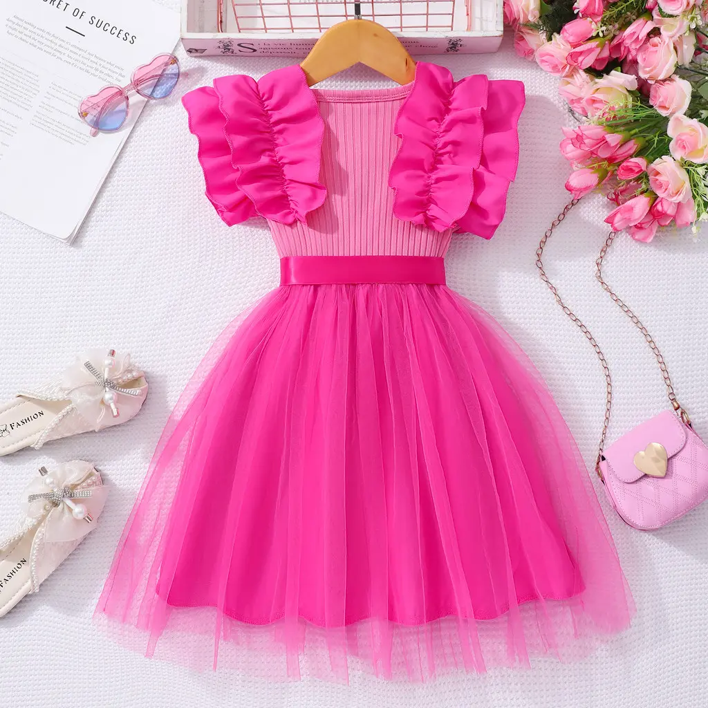 2025 Rose Red Kids Girl Dress Summer Short Sleeve Cute Mesh Teen Dresses Party Children Princess Dress 4 5 6 7 8 9 10 11 12 Yrs
