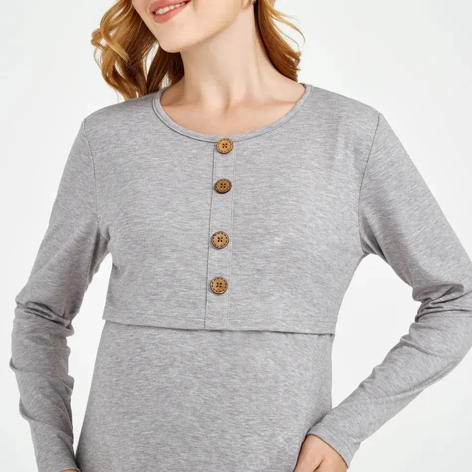 Ladies' Spring Summer Casual Solid-colored Long-sleeved Maternity Dress With Round Neck A-line Shape  Nursing Function