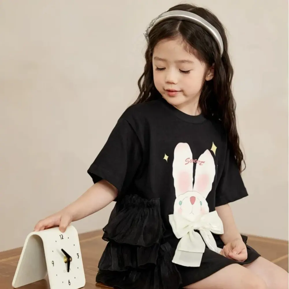 Sweet and Lovely Baby Girl Casual Dresses Summer Short Sleeved Bow Cartoon Printed Kids Clothes Birthday Party Princess Dress