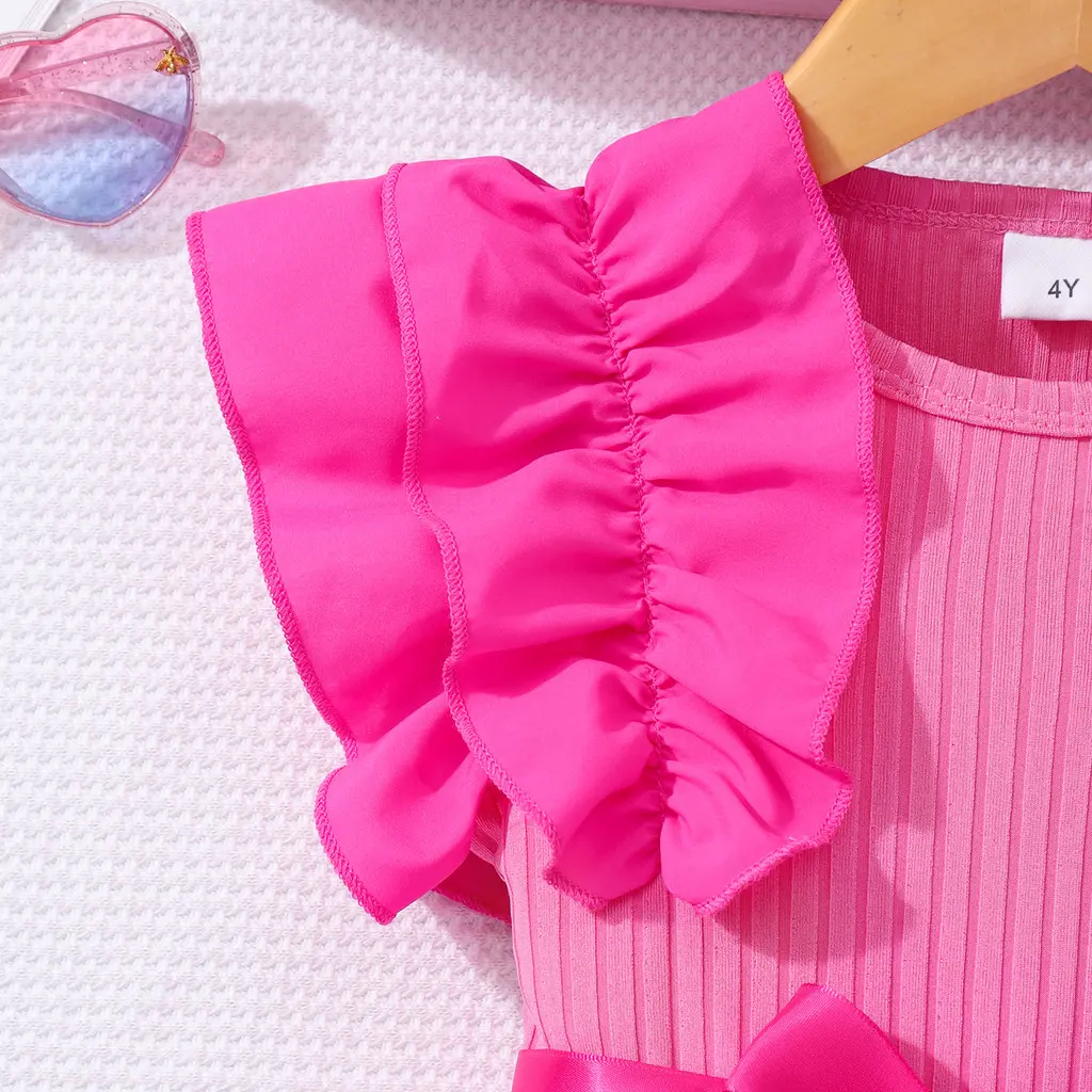 2025 Rose Red Kids Girl Dress Summer Short Sleeve Cute Mesh Teen Dresses Party Children Princess Dress 4 5 6 7 8 9 10 11 12 Yrs
