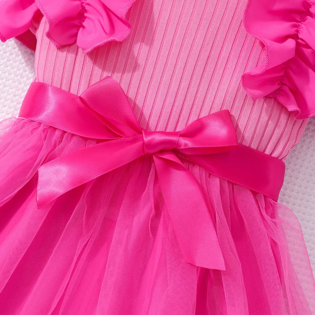 2025 Rose Red Kids Girl Dress Summer Short Sleeve Cute Mesh Teen Dresses Party Children Princess Dress 4 5 6 7 8 9 10 11 12 Yrs
