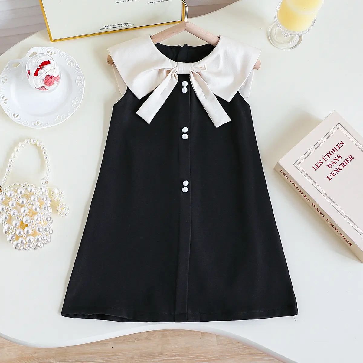 Single piece elegant bow, big collar, buttoned back, concealed zipper, A-line straight tank top dress for girls, summer