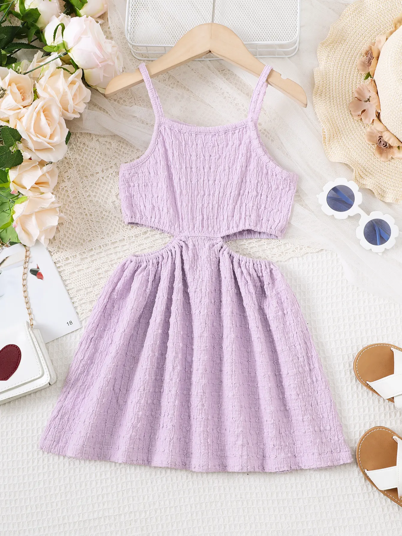 Summer Children Girl Princess Dress Solid Color Slip Hollow Waist Dresses Sweet Birthday Party Clothing for Kids Girl 4-7 Years