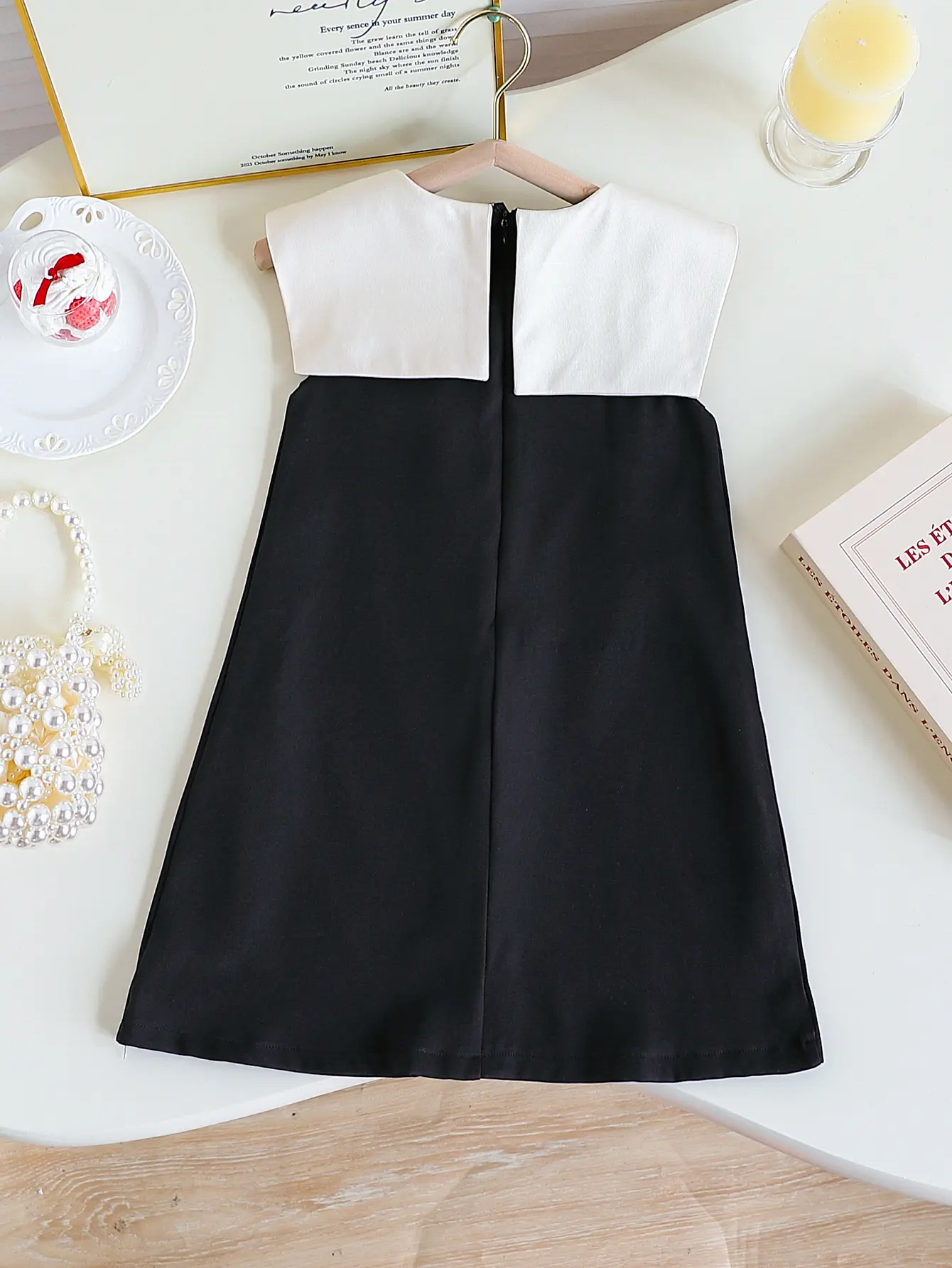 Single piece elegant bow, big collar, buttoned back, concealed zipper, A-line straight tank top dress for girls, summer