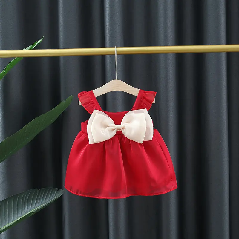New Summer Girl Dress Sweet Solid Color Big Bow Flying Sleeves Mesh Dress Princess Dress Suitable for 0-3 Year Old Babies