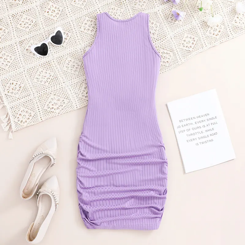 Girls Vest Dress New Summer Sleeveless Pleated Hip Wrap Dress 8-12 Years Fashion Classic Purple Girls Dress