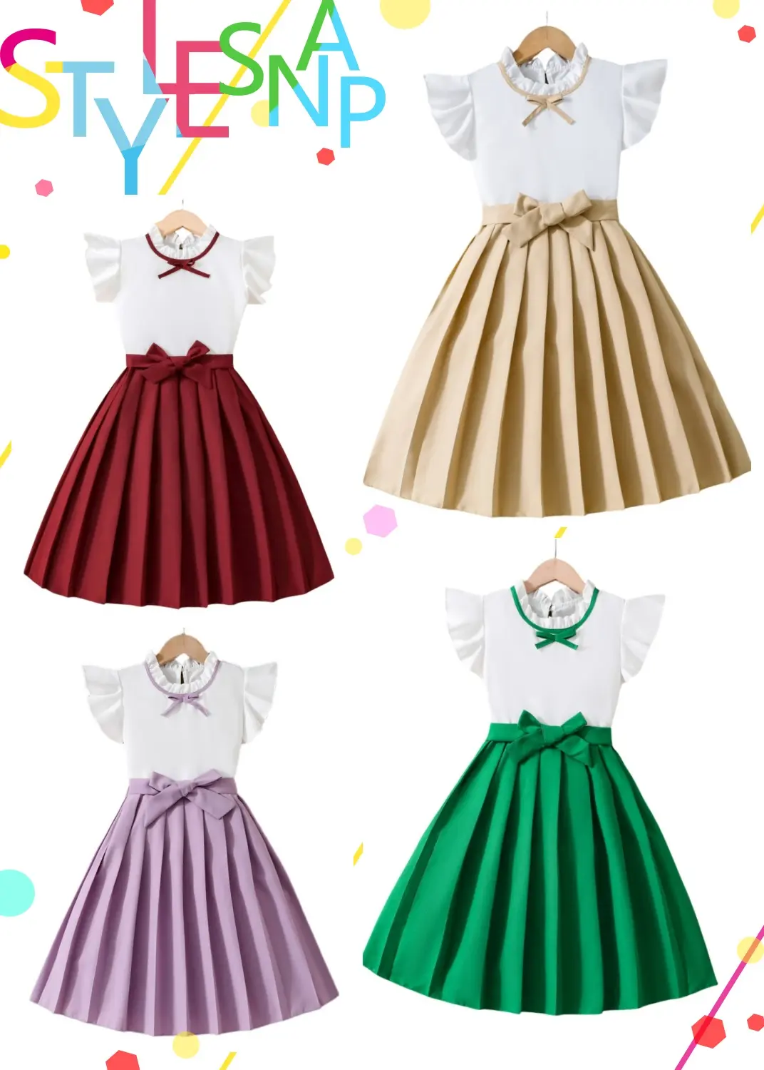 Summer children girls gentle elegance elegance Khaki pleated skirt patchwork bow waist tie lace collar flying sleeve dress