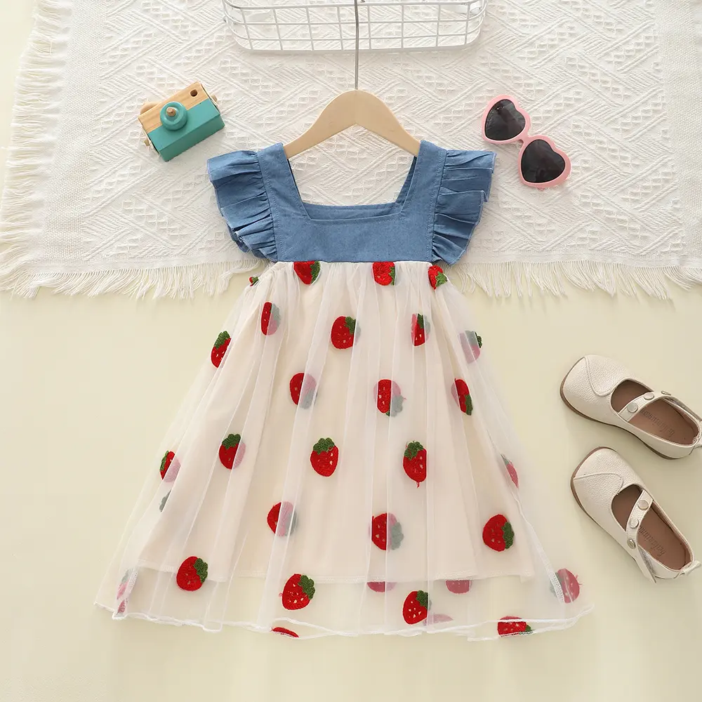 Humor Bear Summer Denim Flying Sleeve Patchwork Gauze Dress Strawberry Embroidery Princess Dress Children's Clothing
