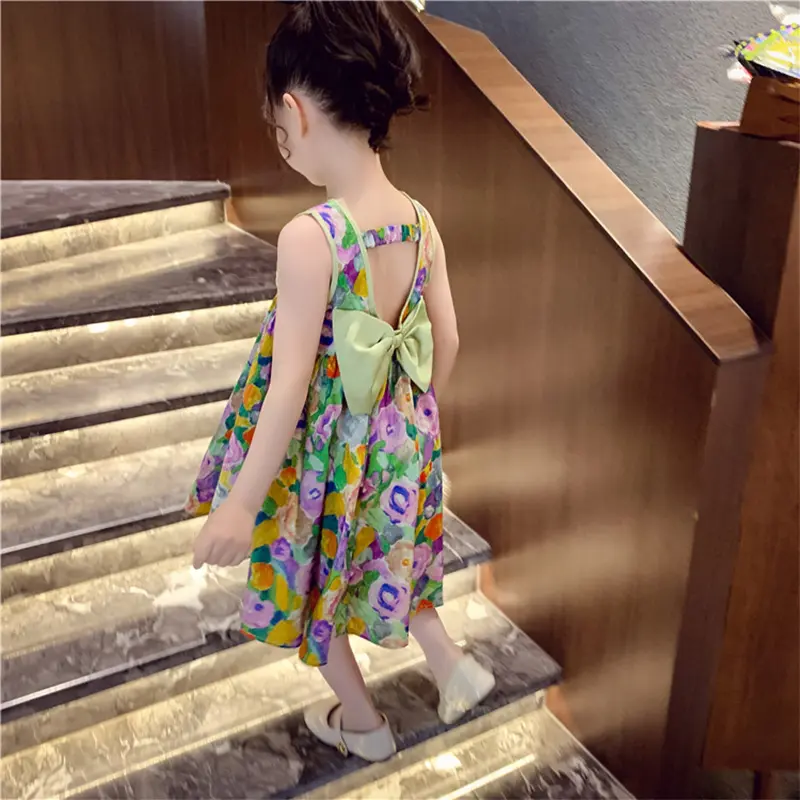 Humor Bear Kids Clothes Oil Painting Wind Dress Sweet Princess Skirt Floral Sundress Back Bow Princess Dress Girl Dress For 3-7Y