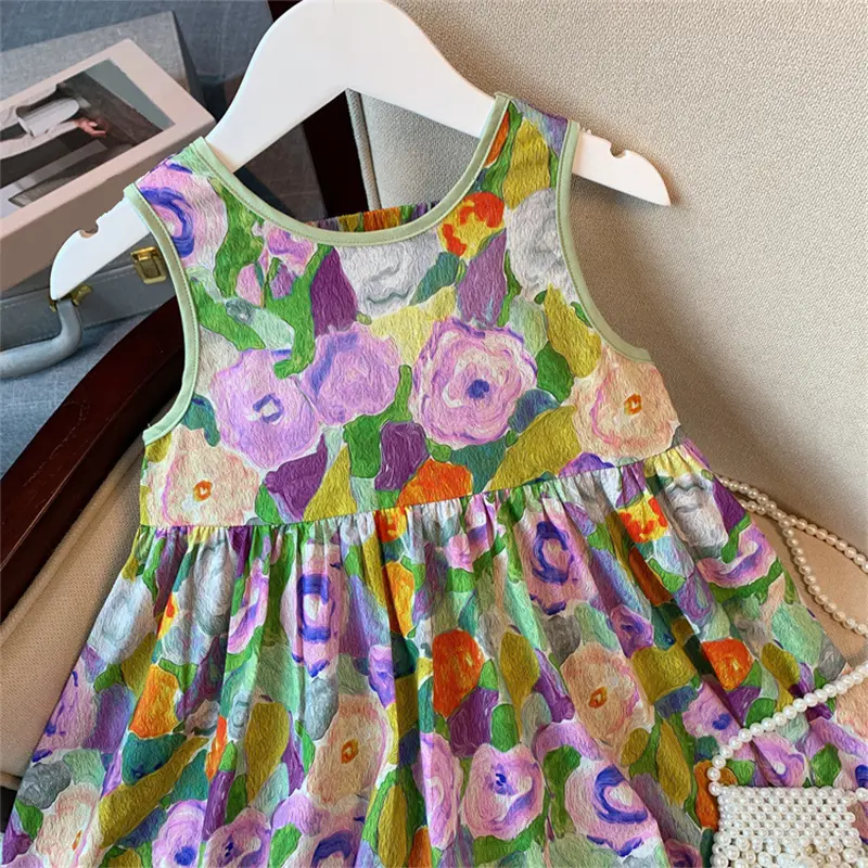 Humor Bear Kids Clothes Oil Painting Wind Dress Sweet Princess Skirt Floral Sundress Back Bow Princess Dress Girl Dress For 3-7Y