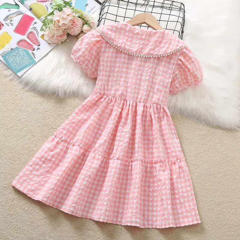 Baby Girls Dress Summer Pink Cute Elegant Check Pattern Princess 2-10 Years College Style Dresses Junior Birthday Party Clothes