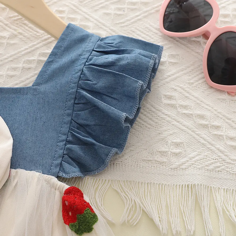 Humor Bear Summer Denim Flying Sleeve Patchwork Gauze Dress Strawberry Embroidery Princess Dress Children's Clothing
