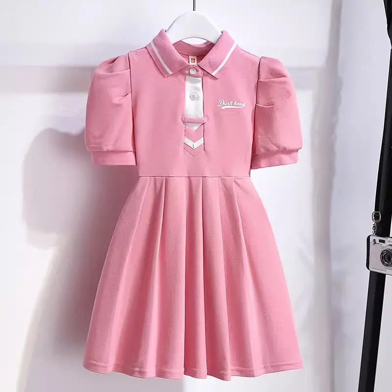 1pcs Summer Children's Dress Girl's Korean Edition Bubble Sleeves Flip Collar Dress Kids Princess Dress Baby Sweet Pleated Skirt