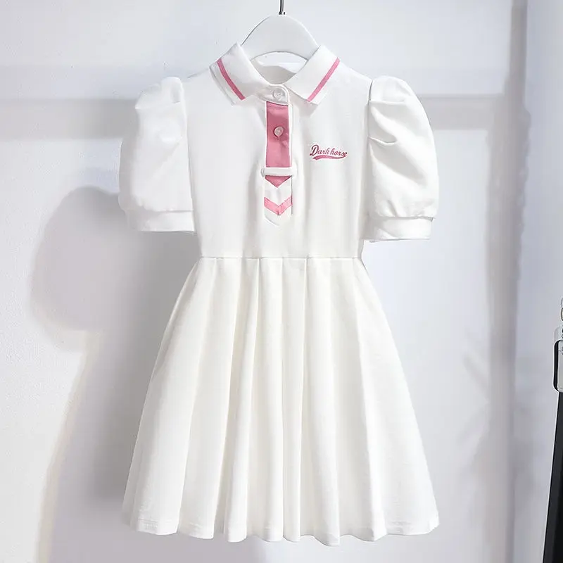 1pcs Summer Children's Dress Girl's Korean Edition Bubble Sleeves Flip Collar Dress Kids Princess Dress Baby Sweet Pleated Skirt