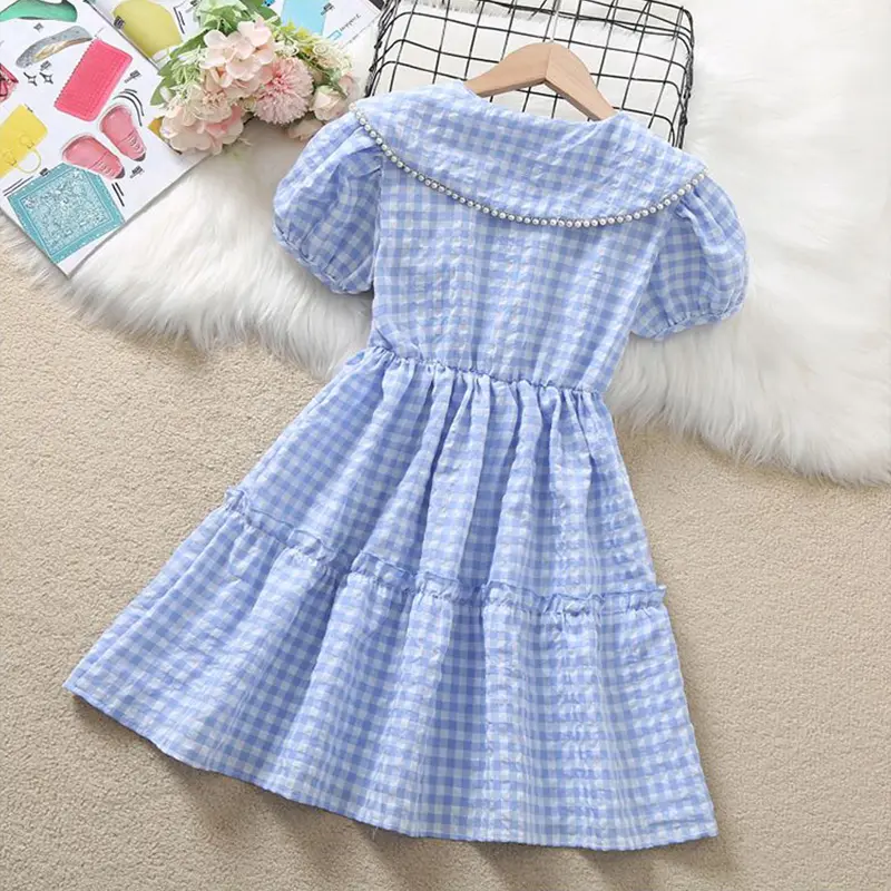 Baby Girls Dress Summer Pink Cute Elegant Check Pattern Princess 2-10 Years College Style Dresses Junior Birthday Party Clothes
