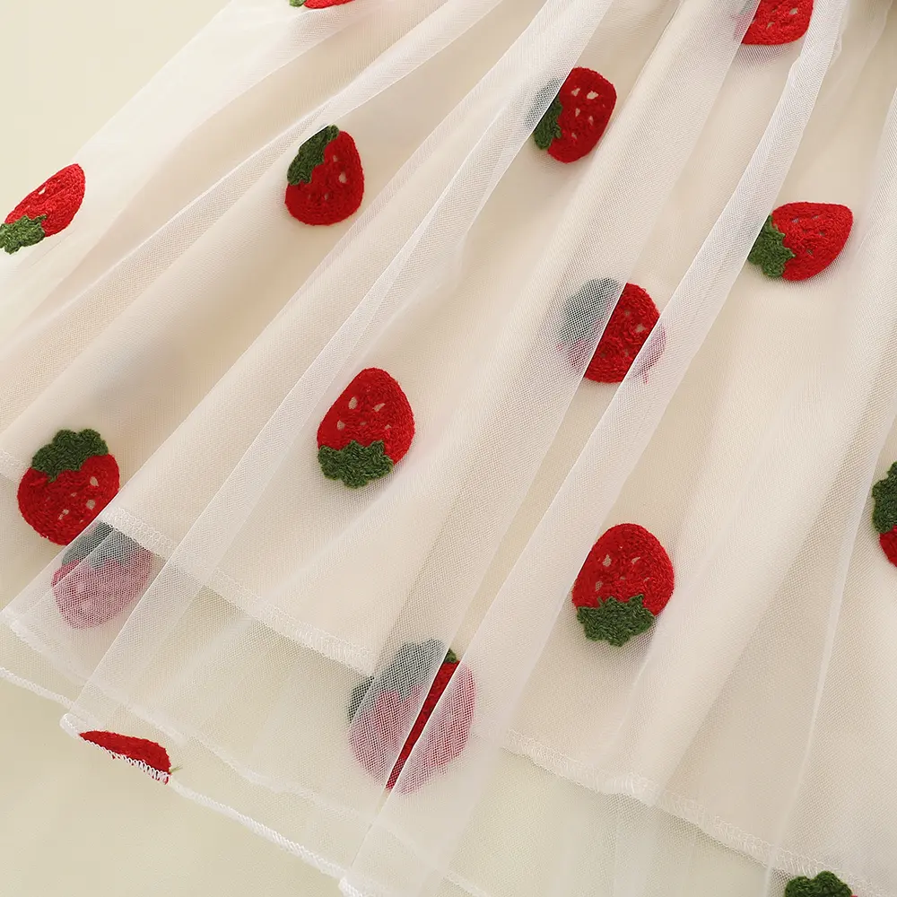 Humor Bear Summer Denim Flying Sleeve Patchwork Gauze Dress Strawberry Embroidery Princess Dress Children's Clothing