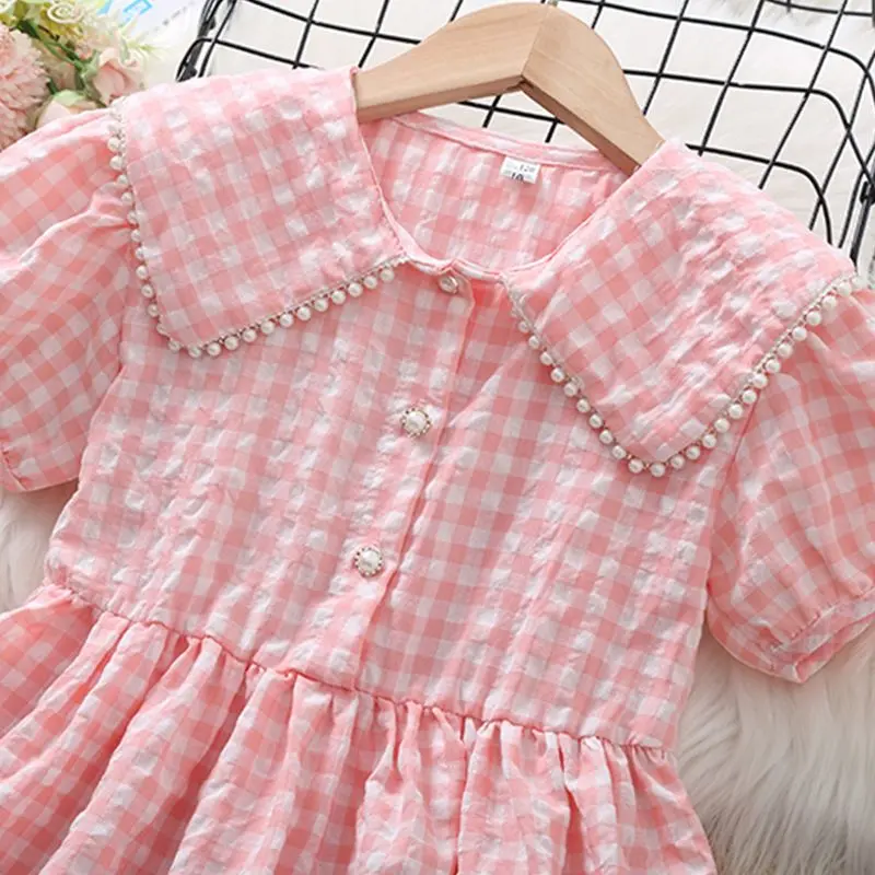 Baby Girls Dress Summer Pink Cute Elegant Check Pattern Princess 2-10 Years College Style Dresses Junior Birthday Party Clothes