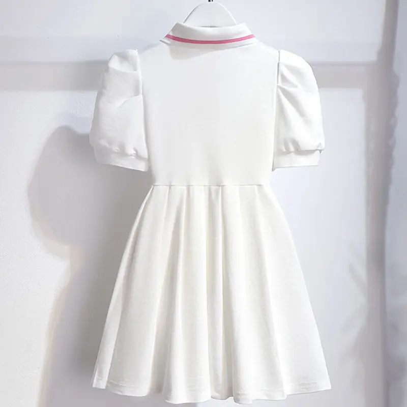 1pcs Summer Children's Dress Girl's Korean Edition Bubble Sleeves Flip Collar Dress Kids Princess Dress Baby Sweet Pleated Skirt