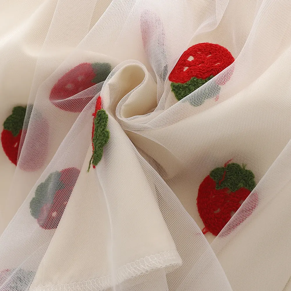 Humor Bear Summer Denim Flying Sleeve Patchwork Gauze Dress Strawberry Embroidery Princess Dress Children's Clothing
