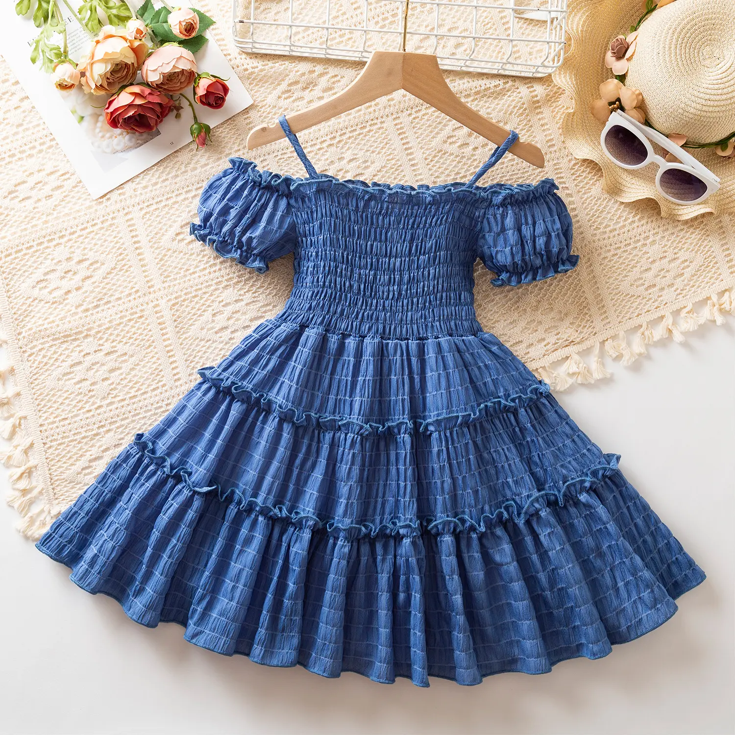 Bohemian Girls Dress 3-8Yrs Off-Shoulder Summer Dress Toddler Pure Color Sundress Beach Vacation Outfit Puff Sleeve Kids Dresses