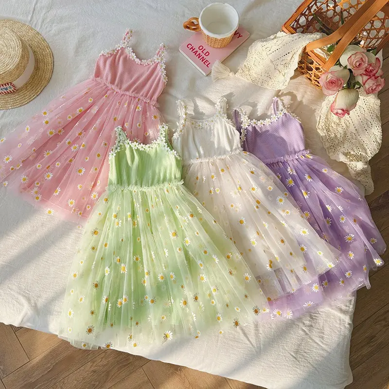 Humor Bear Summer New Children Suspenders Puff Princess Dress Little Daisy Flower Mesh Baby Girls Beach Dress