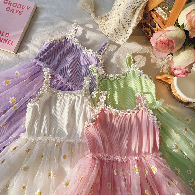 Humor Bear Summer New Children Suspenders Puff Princess Dress Little Daisy Flower Mesh Baby Girls Beach Dress