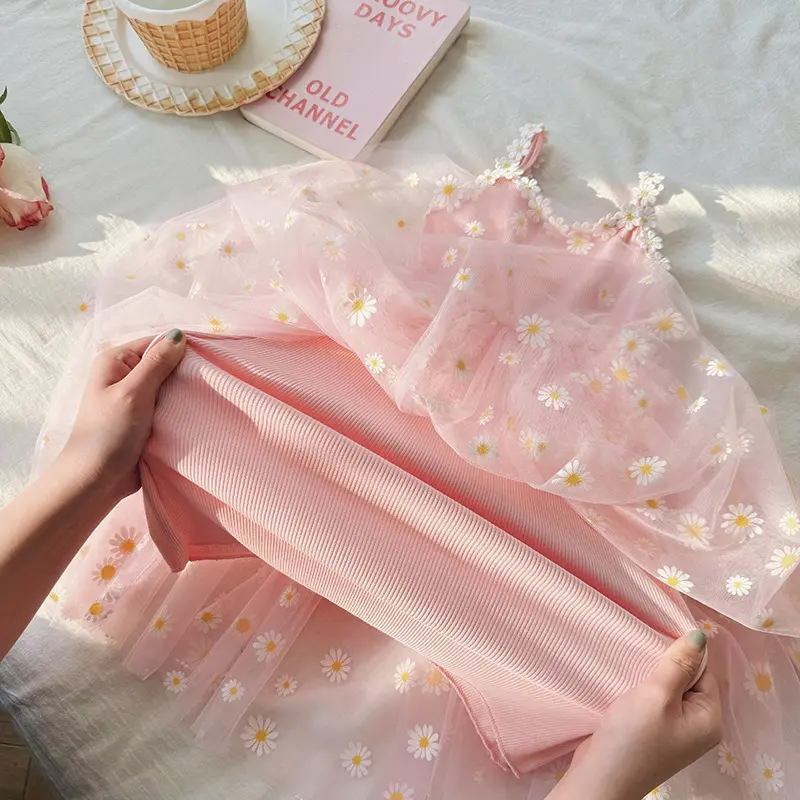 Humor Bear Summer New Children Suspenders Puff Princess Dress Little Daisy Flower Mesh Baby Girls Beach Dress