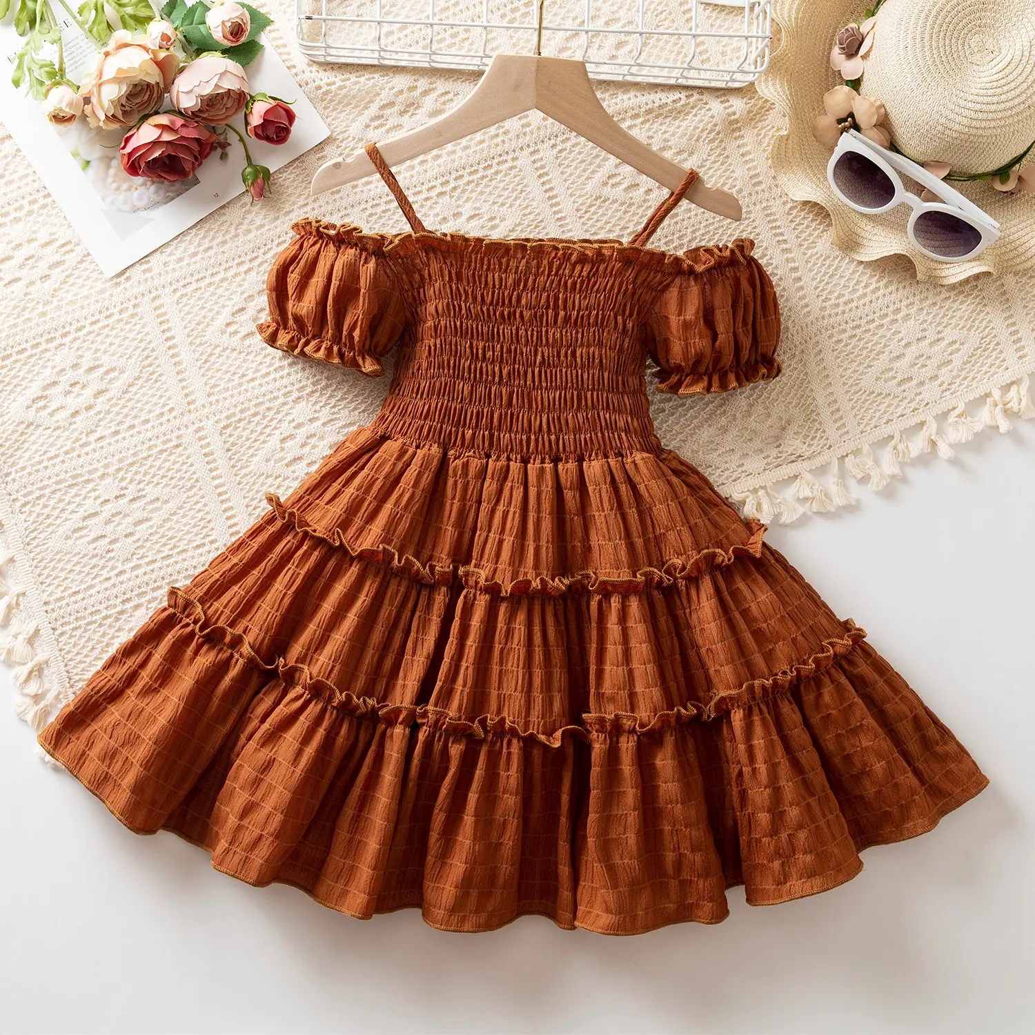 Bohemian Girls Dress 3-8Yrs Off-Shoulder Summer Dress Toddler Pure Color Sundress Beach Vacation Outfit Puff Sleeve Kids Dresses