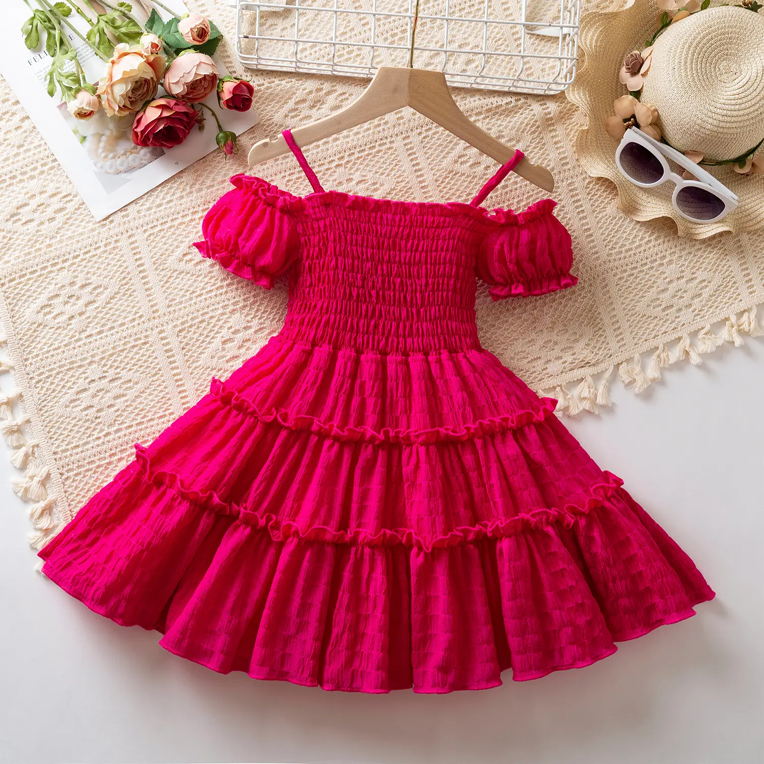 Bohemian Girls Dress 3-8Yrs Off-Shoulder Summer Dress Toddler Pure Color Sundress Beach Vacation Outfit Puff Sleeve Kids Dresses