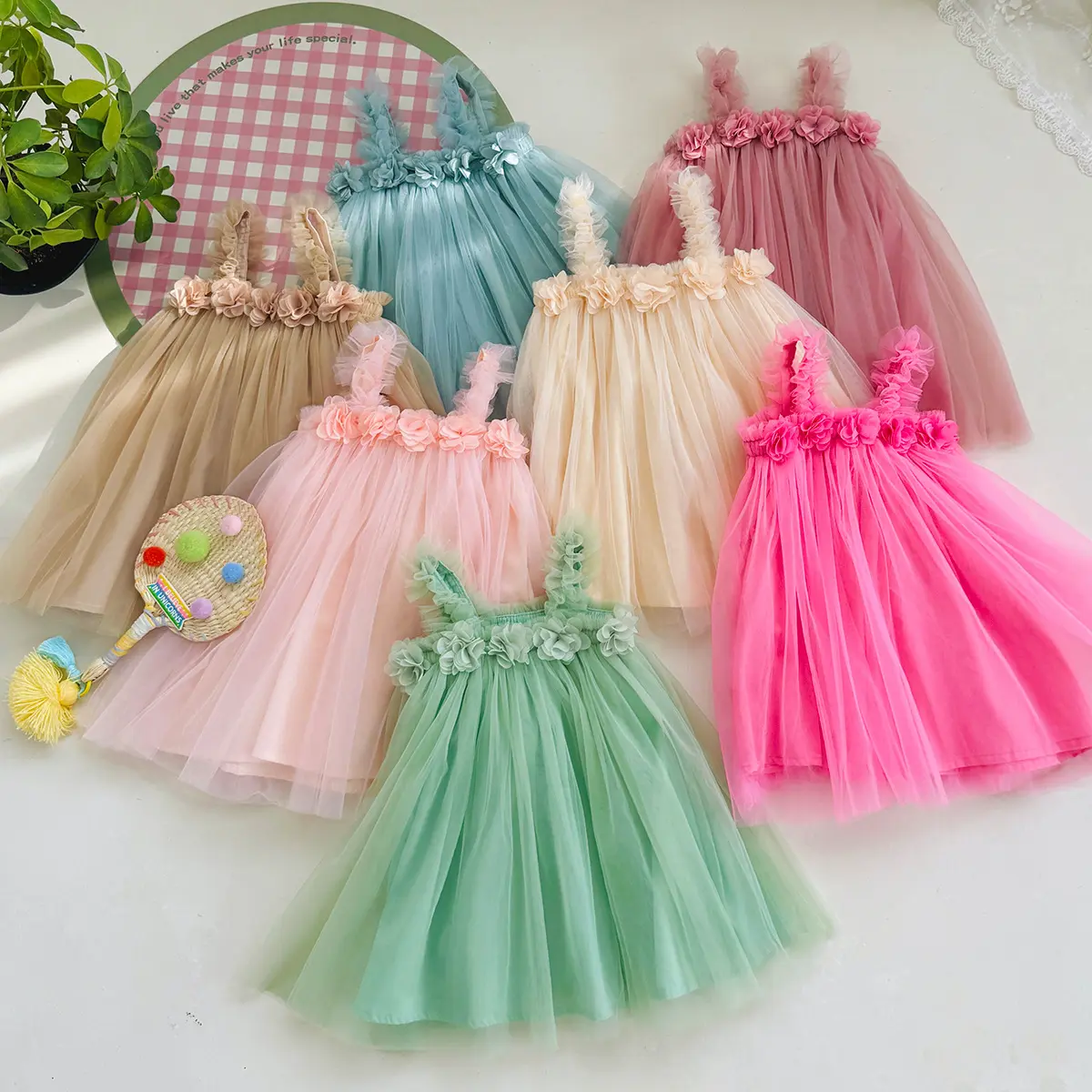 MILANCEL 1-6 Y Girls Dresses  3D Flower A Line Dress for Girls Sleeveless Camisole Mesh Dress