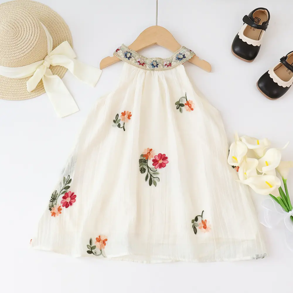 Summer New Floral Print Hanging Neck Sleeveless Princess Dress Thin Soft White Girls' Casual Vacation Style Children's Clothes