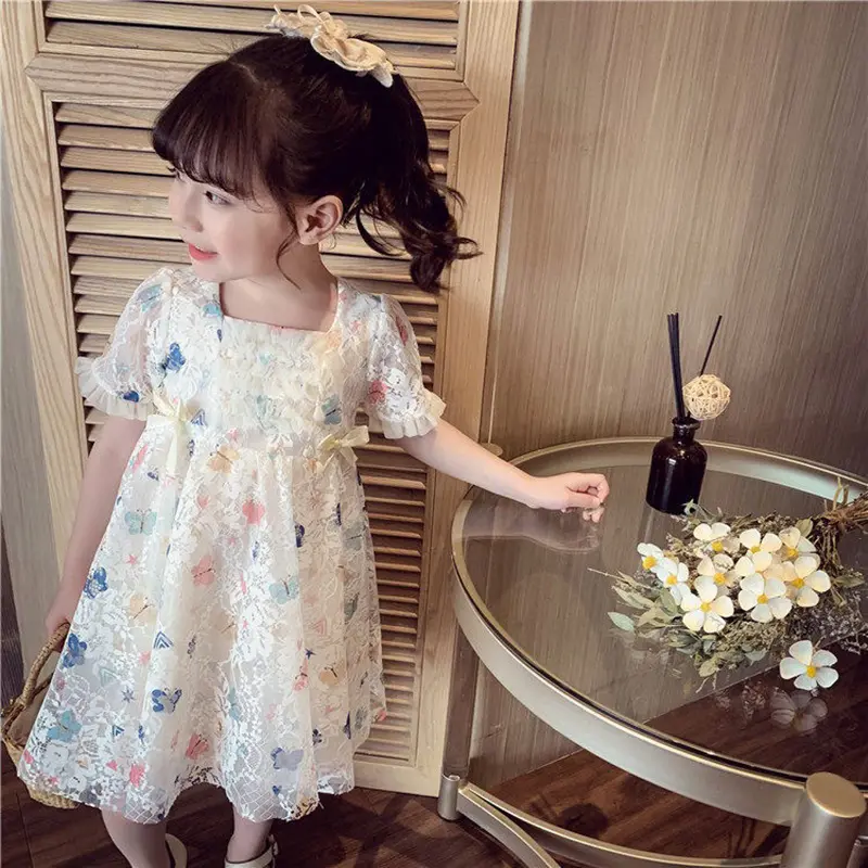 Summer New Bubble Tea Bucket Dress Bubble Sleeve Lace Butterfly Print Sweet Princess Dress Birthday Party Team Dress