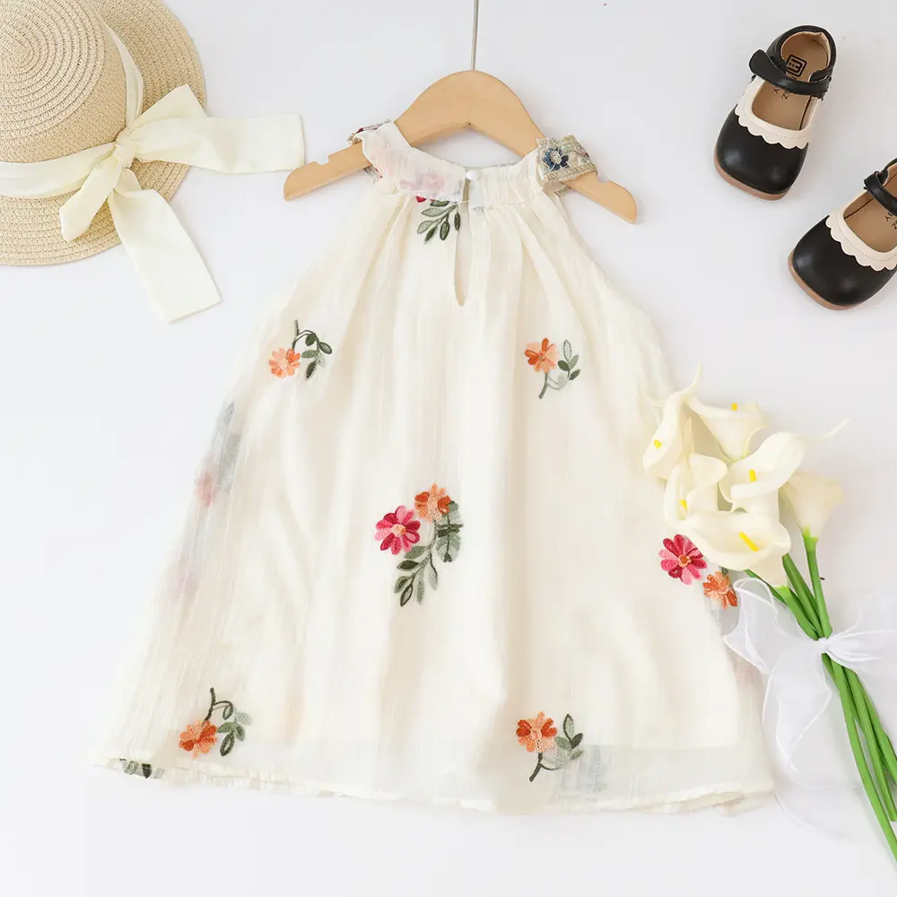 Summer New Floral Print Hanging Neck Sleeveless Princess Dress Thin Soft White Girls' Casual Vacation Style Children's Clothes