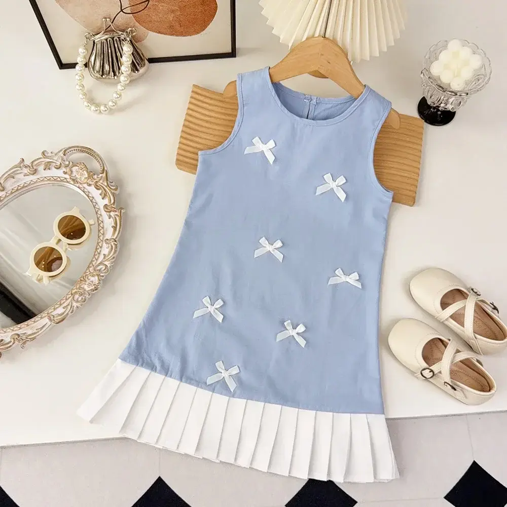 Korean Version of Fashionable Girls' Casual Clothes with Bow Decoration Pleated Sleeveless Vest Dress Summer New Style