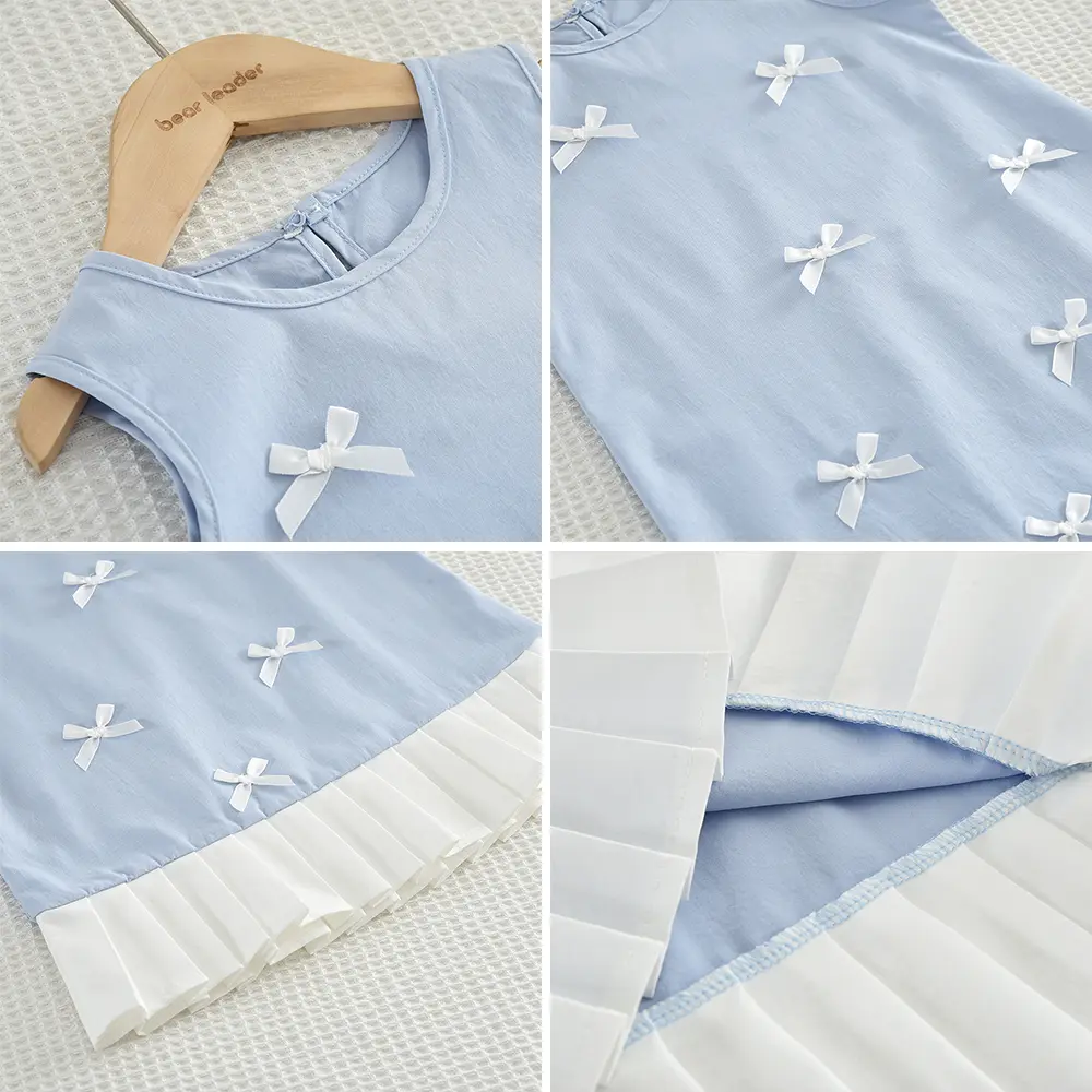Korean Version of Fashionable Girls' Casual Clothes with Bow Decoration Pleated Sleeveless Vest Dress Summer New Style