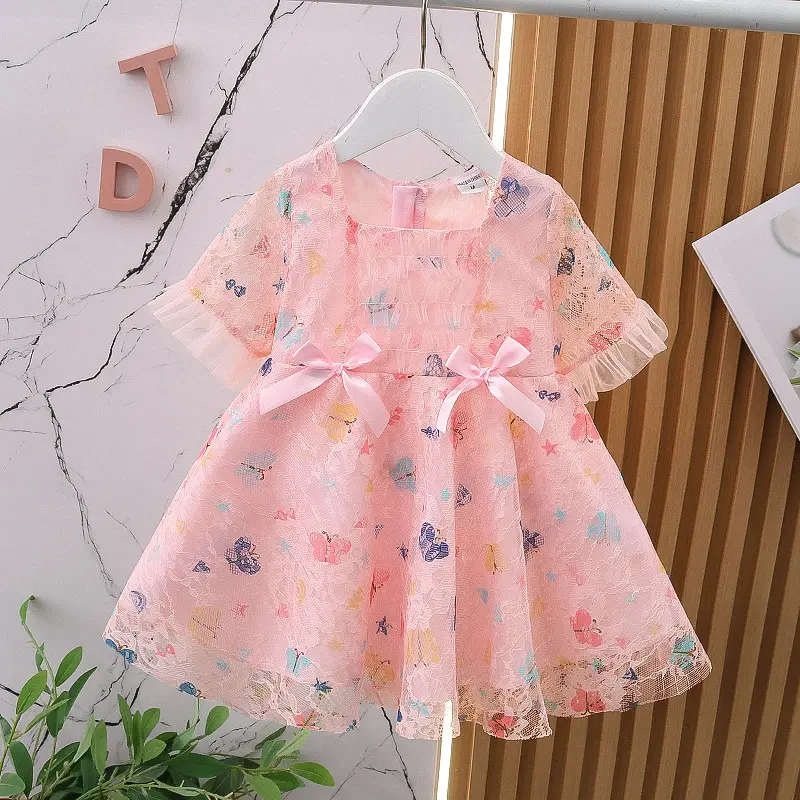 Summer New Bubble Tea Bucket Dress Bubble Sleeve Lace Butterfly Print Sweet Princess Dress Birthday Party Team Dress