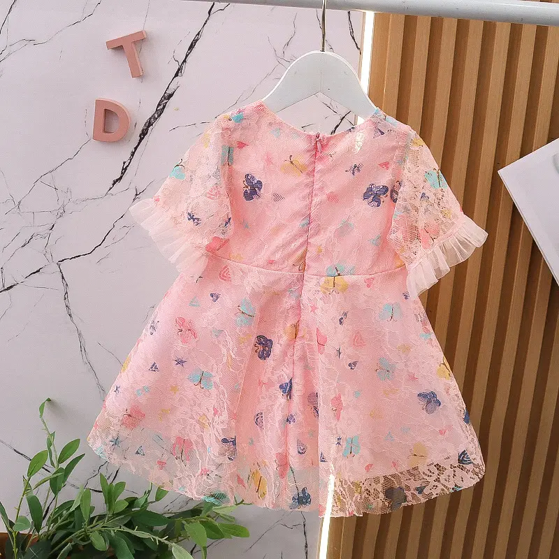 Summer New Bubble Tea Bucket Dress Bubble Sleeve Lace Butterfly Print Sweet Princess Dress Birthday Party Team Dress