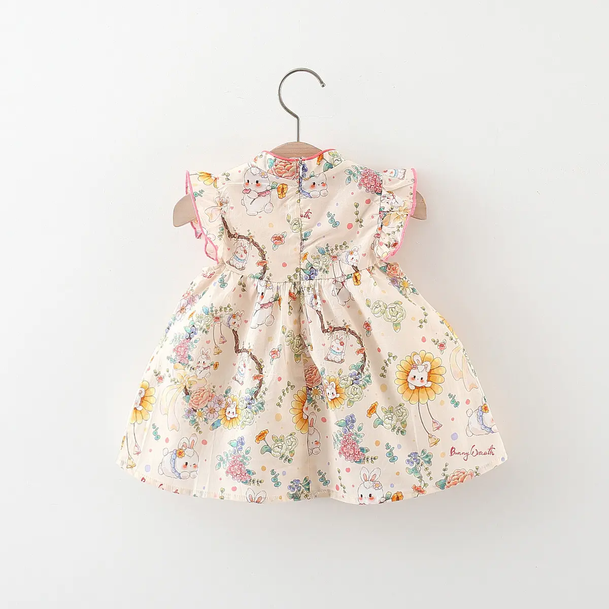 Summer Baby Girl's New Dress Sweet Little Rabbit Printed Fly Sleeves Suitable for Chinese Style Qipao for Children Aged 80-120