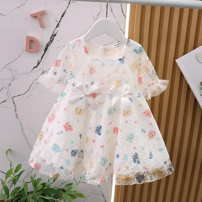 Summer New Bubble Tea Bucket Dress Bubble Sleeve Lace Butterfly Print Sweet Princess Dress Birthday Party Team Dress