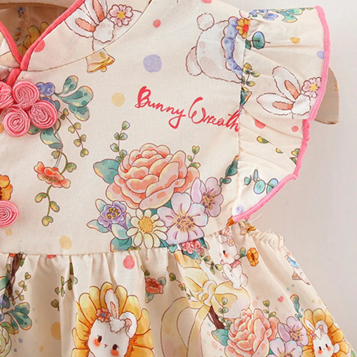 Summer Baby Girl's New Dress Sweet Little Rabbit Printed Fly Sleeves Suitable for Chinese Style Qipao for Children Aged 80-120