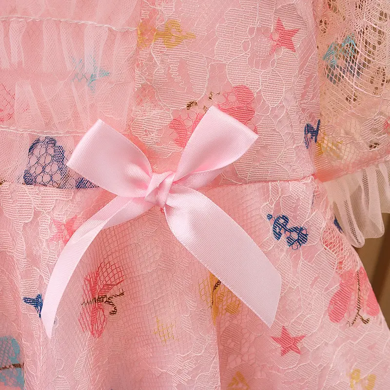 Summer New Bubble Tea Bucket Dress Bubble Sleeve Lace Butterfly Print Sweet Princess Dress Birthday Party Team Dress