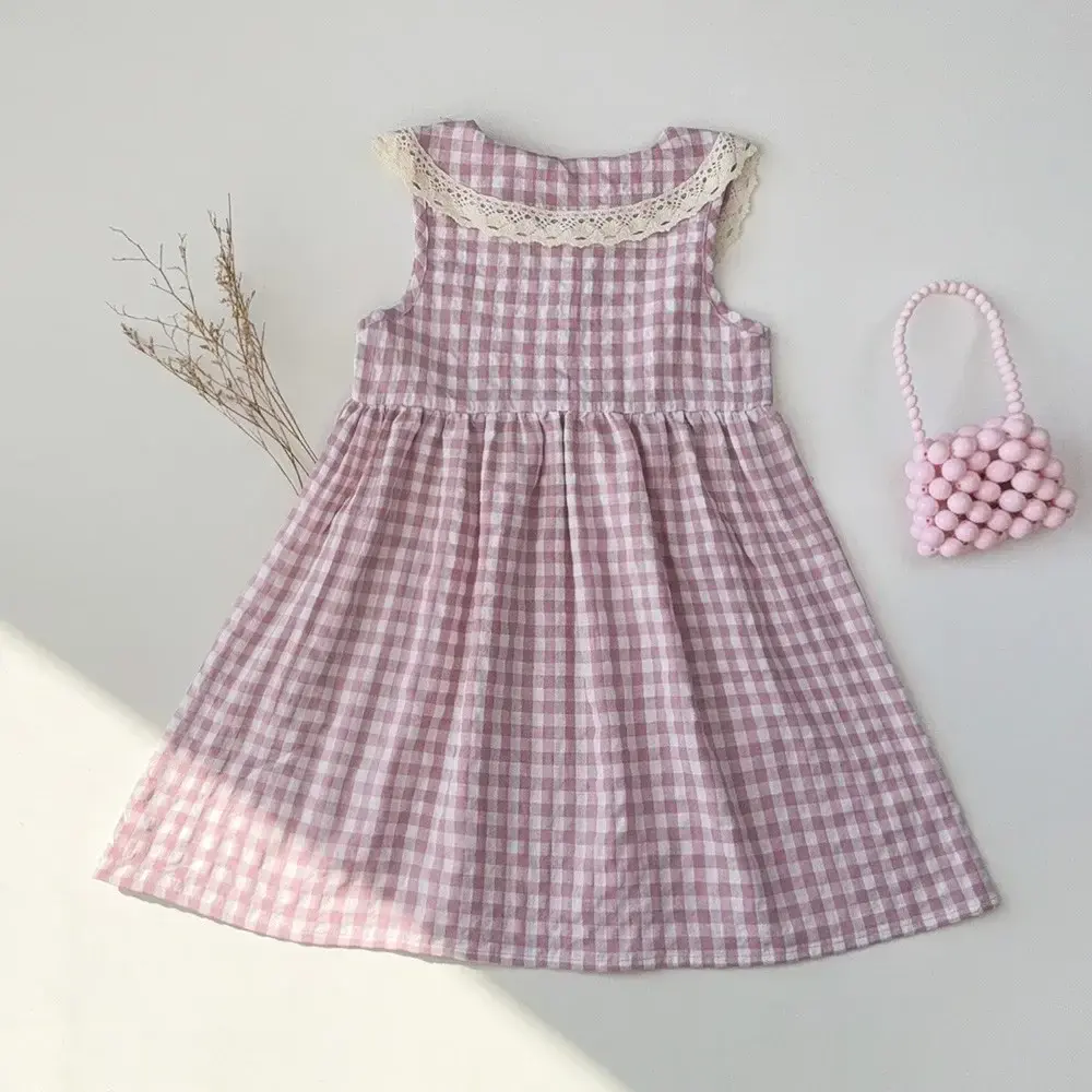 2025 Summer New Purple Girls Dress Lace Collar Sleeveless Princess Dresses Fashion Checkered Printed Children's Clothing
