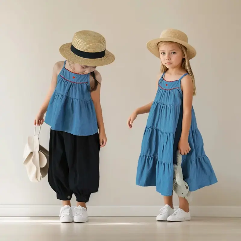 Fashion Children Girl Dress Summer Blue Sleeveless Casual Dress Beach Party Dress for Kids
