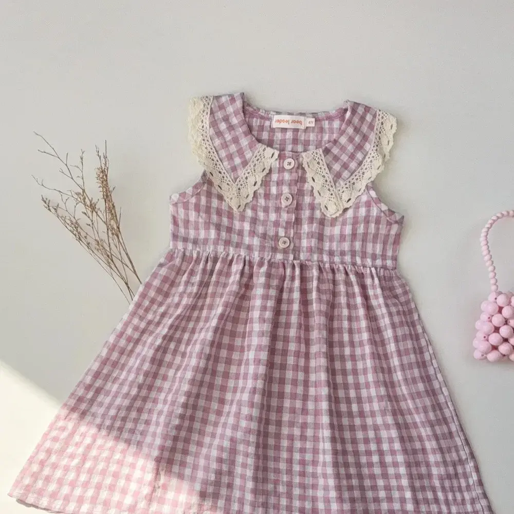 2025 Summer New Purple Girls Dress Lace Collar Sleeveless Princess Dresses Fashion Checkered Printed Children's Clothing